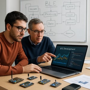 The image depicts a modern workspace where engineers are collaborating on Bluetooth Low Energy BLE development In the foreground two engineers are foc-1