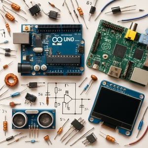 creat a picture showing electrnic devices like  Electronic components like resistors capacitors transistors ICs Electronic circuits or schematics Smal-1