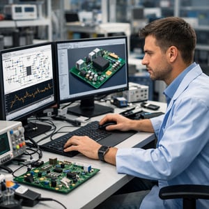 please create picture of 1 people working at the desk  please put on the desk two monitores  Person meds to look like profesional person working on el-1