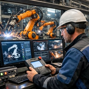 please create picture of person who is controling fobots work  this picture need to be industrial